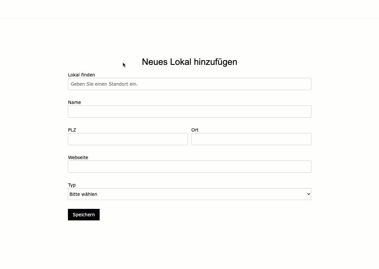 Bewegt Bild welches die aufgezählten Schritte, für das Hinzufügen eines Lokals, visuell darstellt.